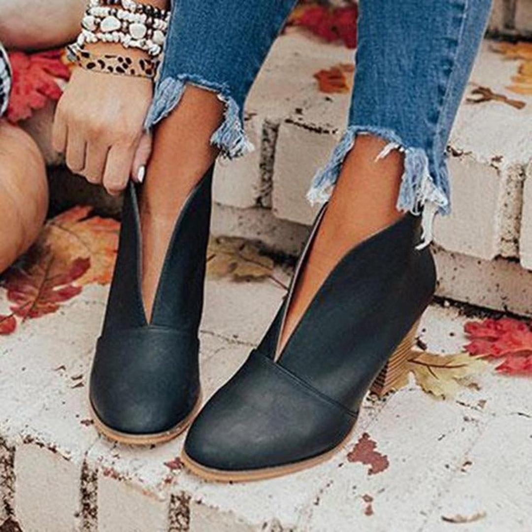 Chloe | Women's Almond Toe V-Cut Ankle Boots with Block Heel