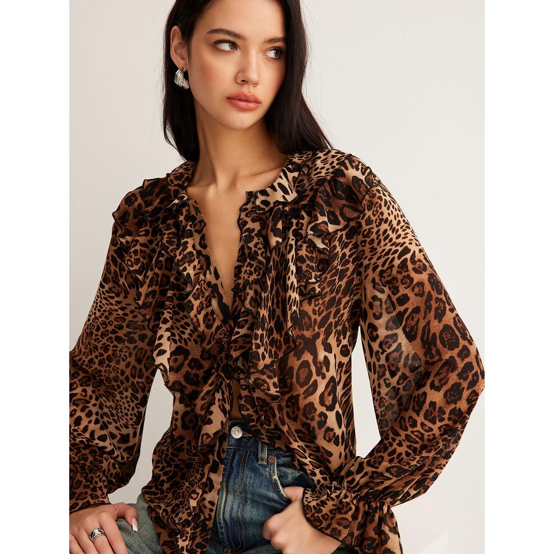 Kiara | Women’s Leopard Print Blouse with Ruffle Neck