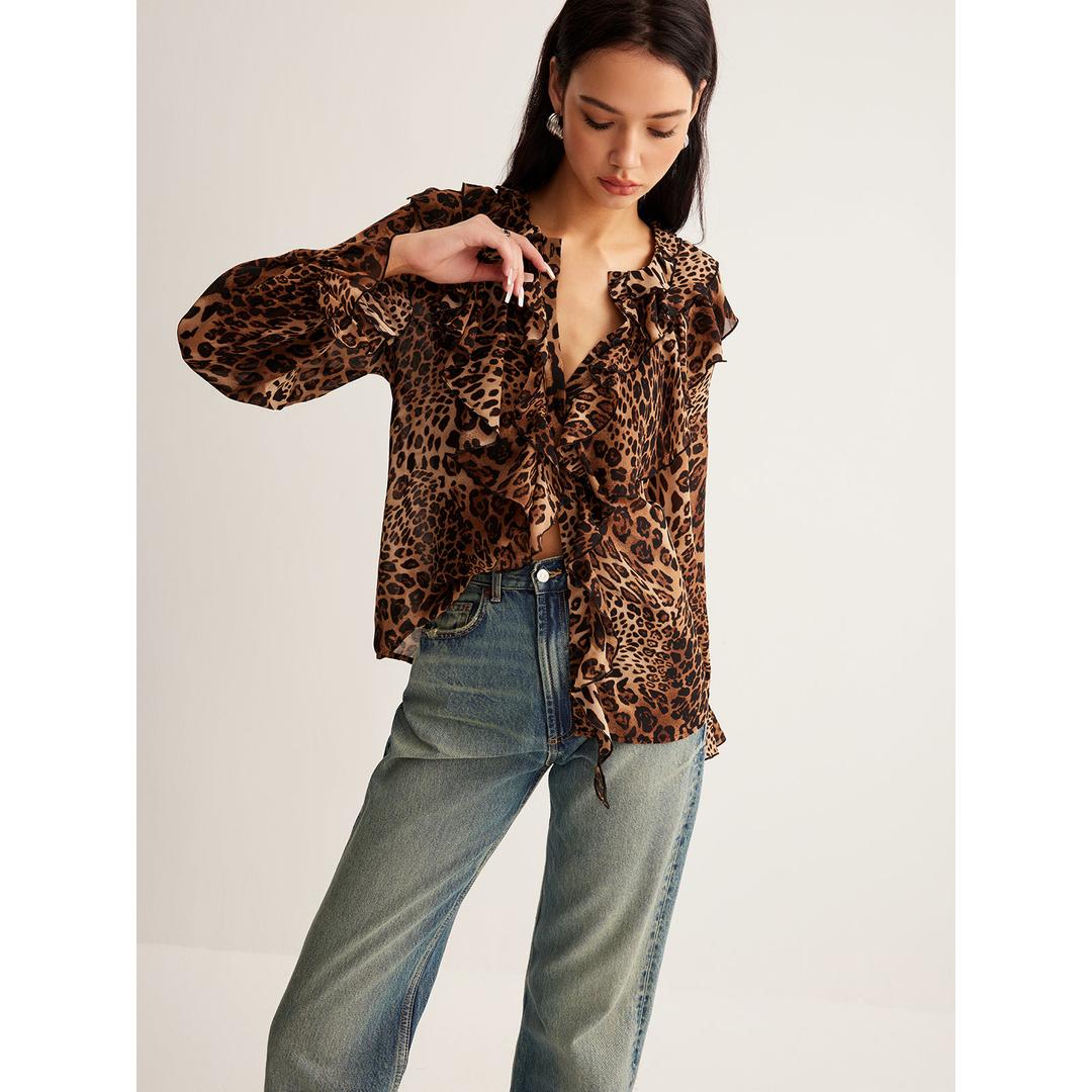 Kiara | Women’s Leopard Print Blouse with Ruffle Neck