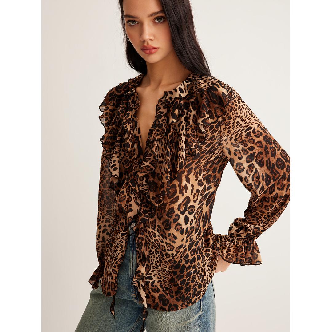 Kiara | Women’s Leopard Print Blouse with Ruffle Neck