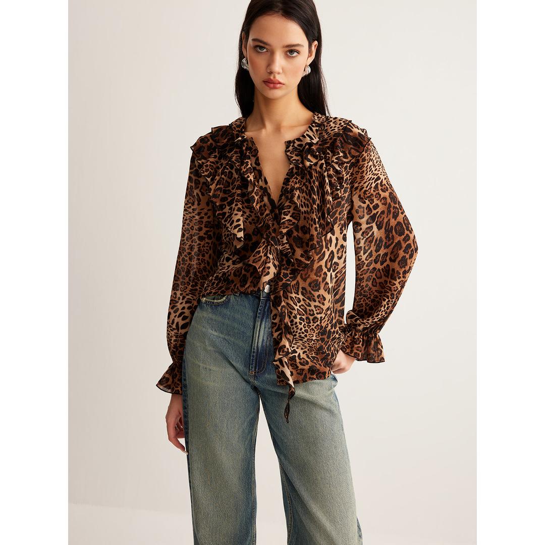 Kiara | Women’s Leopard Print Blouse with Ruffle Neck