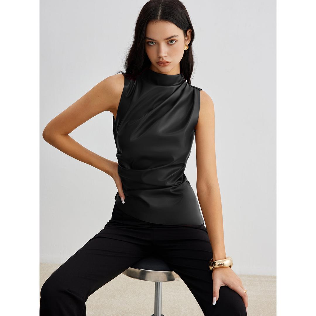 Elena | Women’s High Neck Top with Draped Front Detail