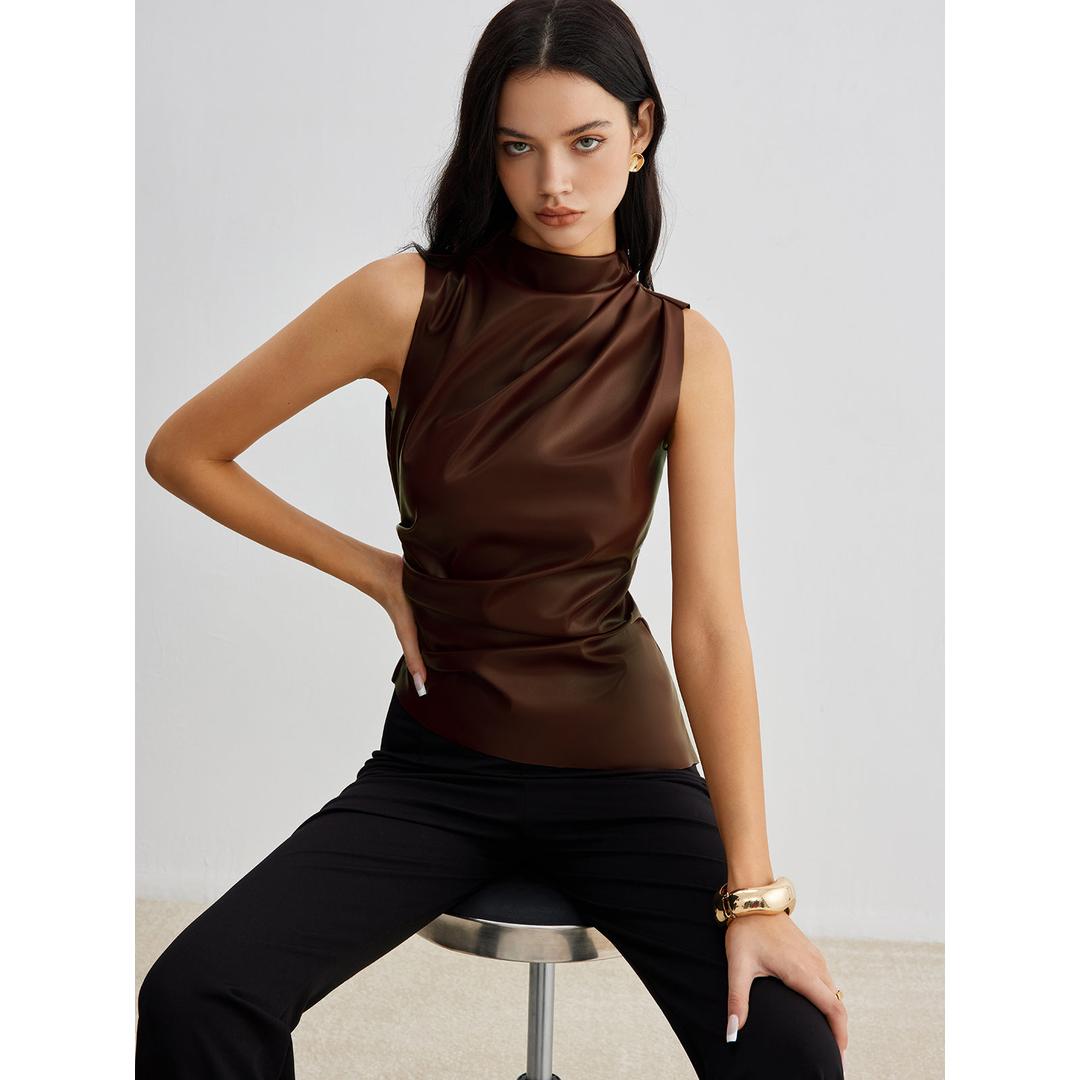 Elena | Women’s High Neck Top with Draped Front Detail