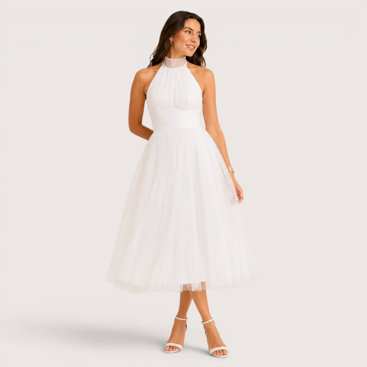 Elena | Women’s Halter Neck Flared Tulle Midi Dress