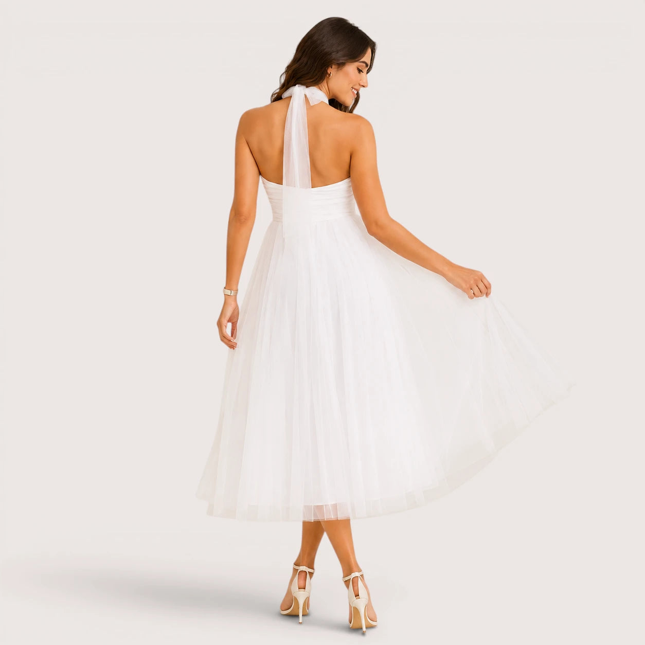 Elena | Women’s Halter Neck Flared Tulle Midi Dress