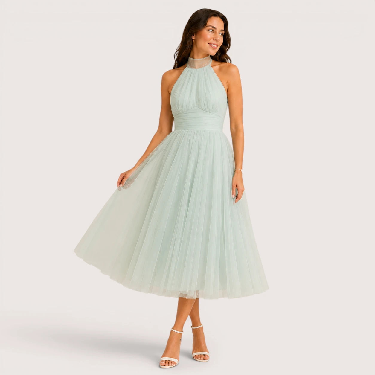 Elena | Women’s Halter Neck Flared Tulle Midi Dress