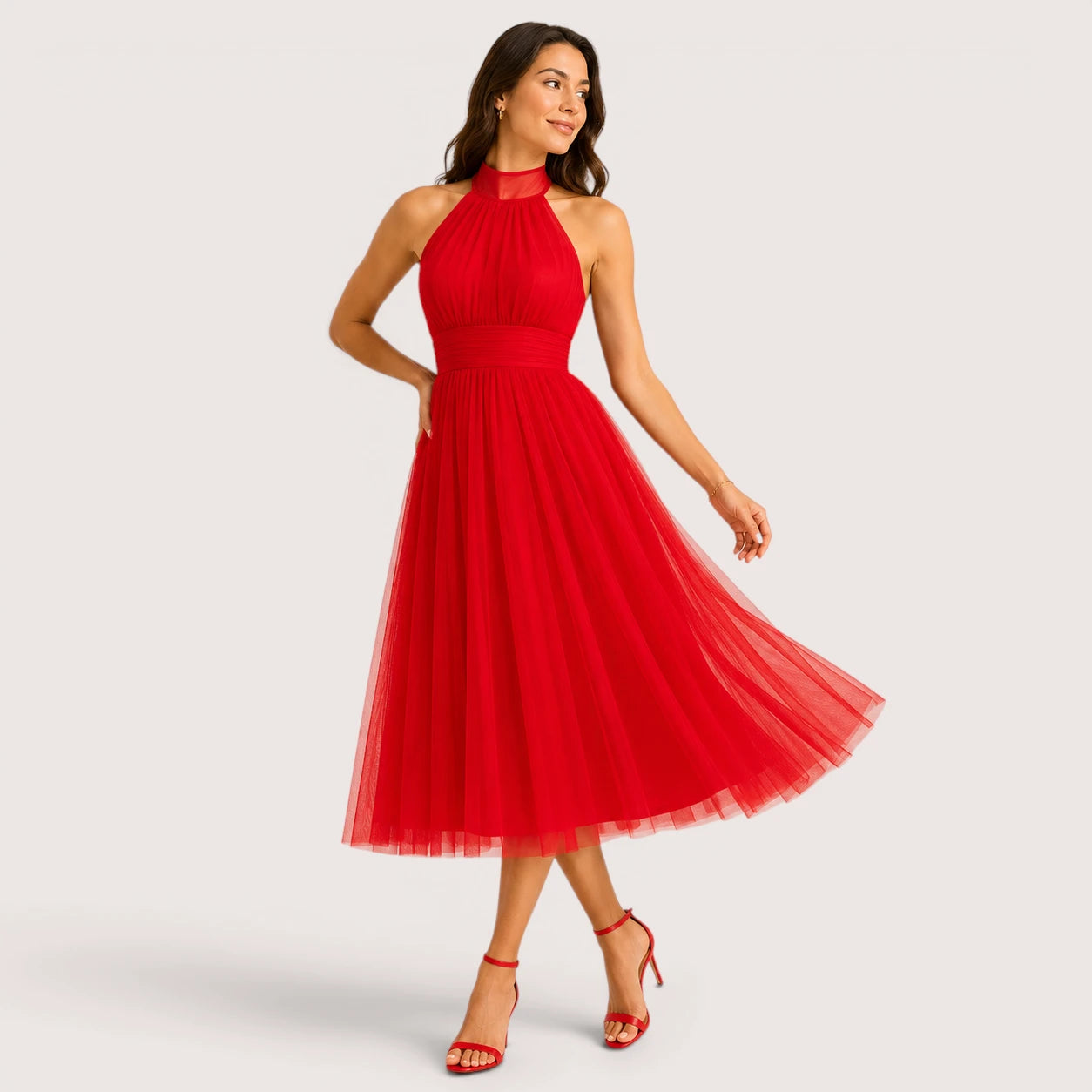 Elena | Women’s Halter Neck Flared Tulle Midi Dress