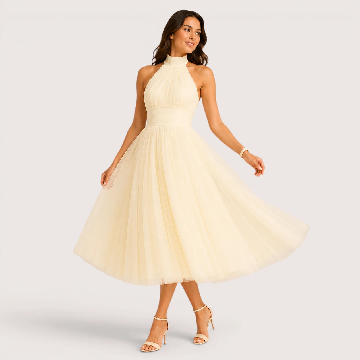 Elena | Women’s Halter Neck Flared Tulle Midi Dress