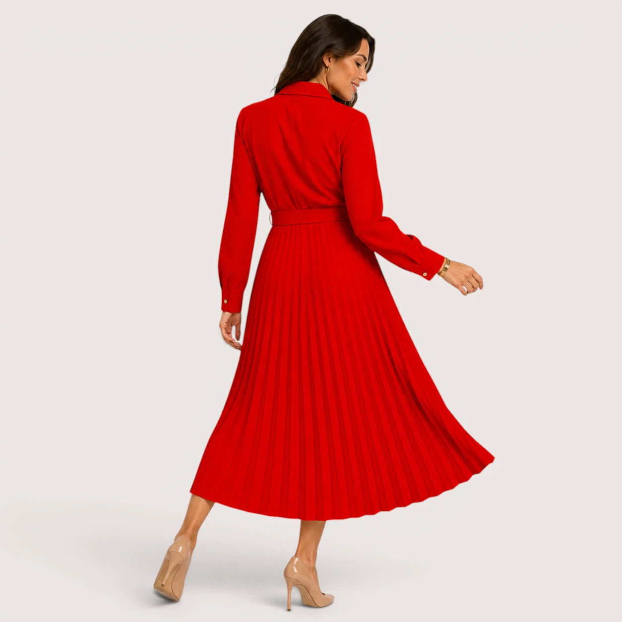 Rebecca | Women’s Pleated Midi Dress with Belt Detail