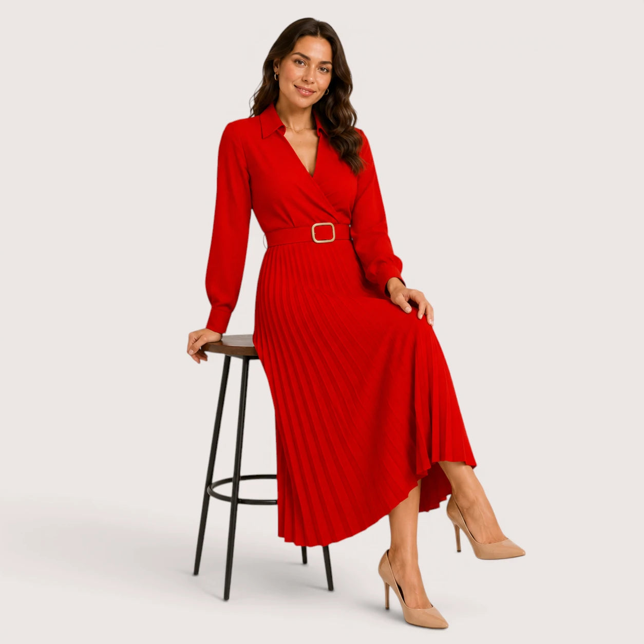 Rebecca | Women’s Pleated Midi Dress with Belt Detail