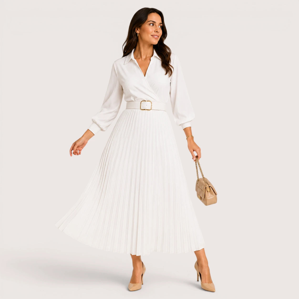 Rebecca | Women’s Pleated Midi Dress with Belt Detail