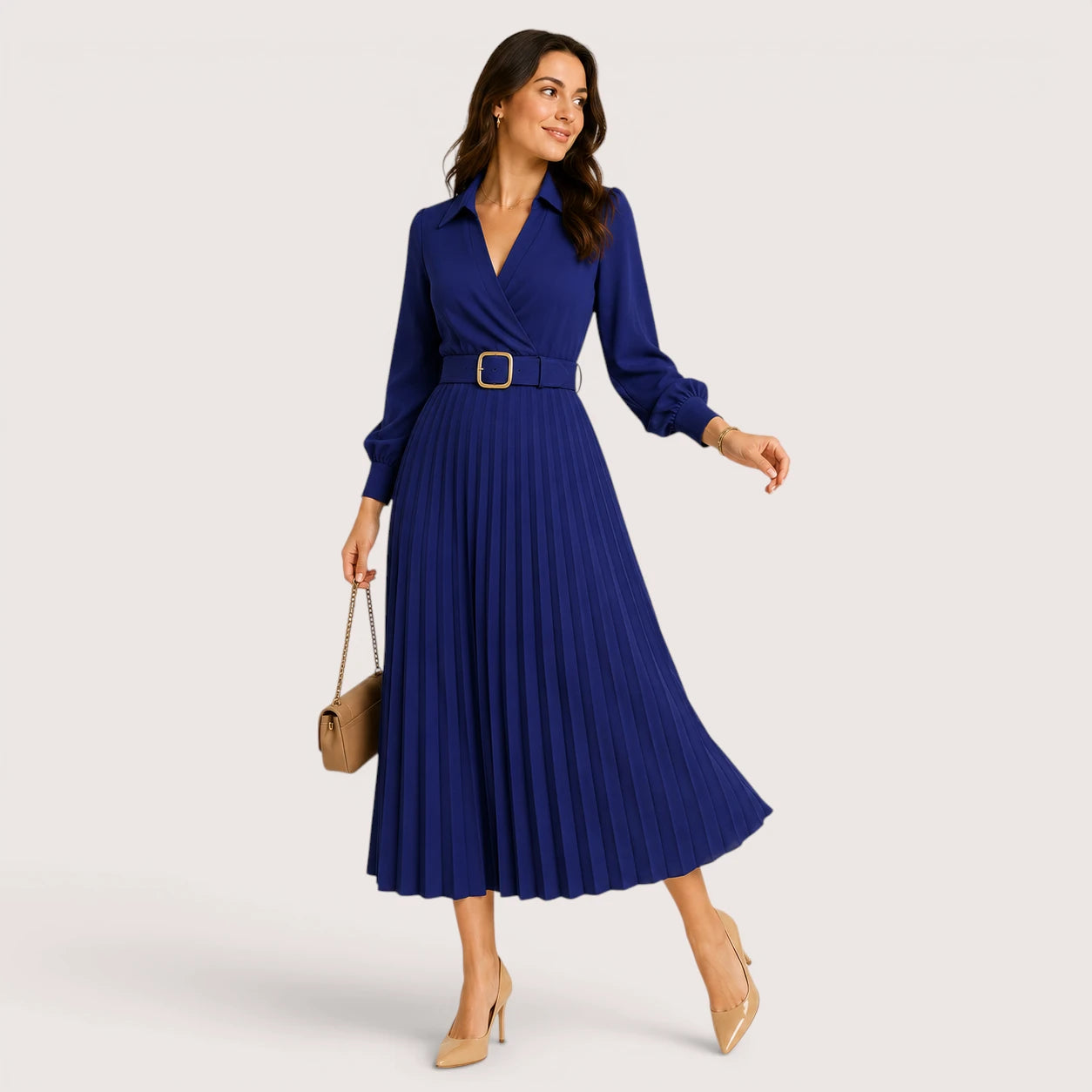 Rebecca | Women’s Pleated Midi Dress with Belt Detail