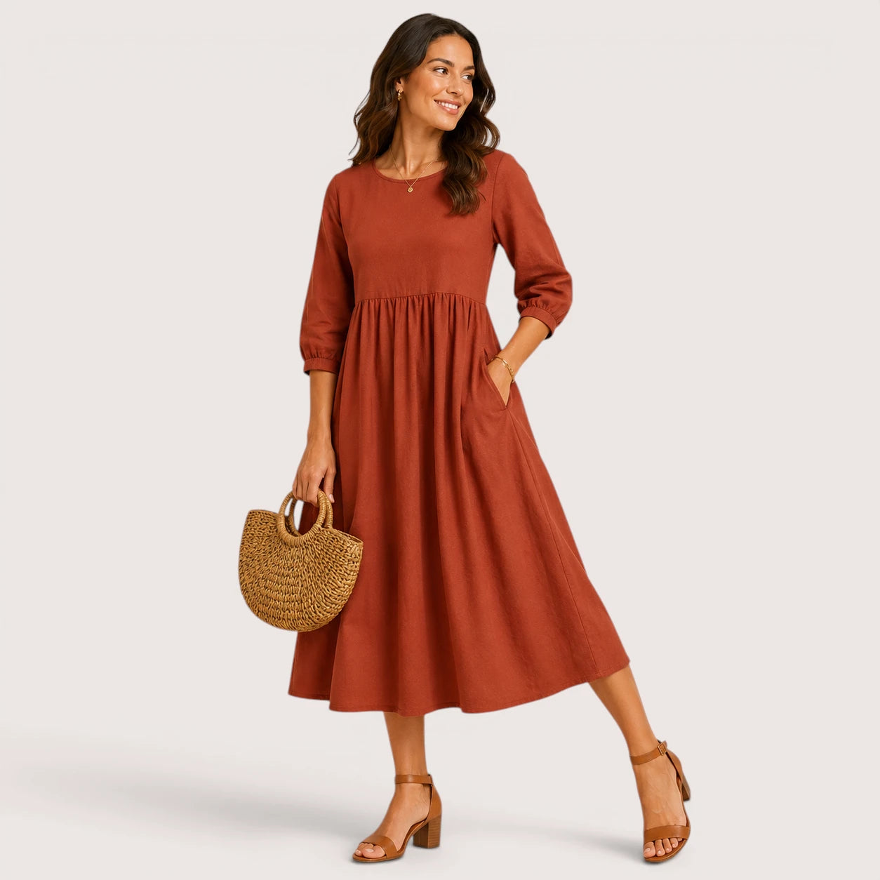 Danielle | Women’s Midi Dress with 3/4 Sleeves and Side Pockets