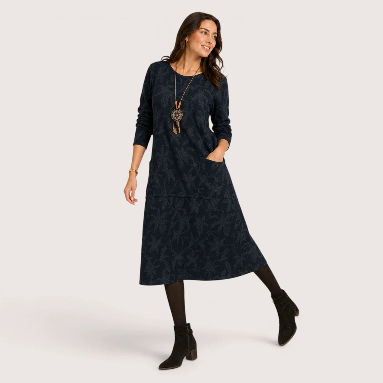Megan | Women’s Long Sleeve Midi Dress with Front Pockets