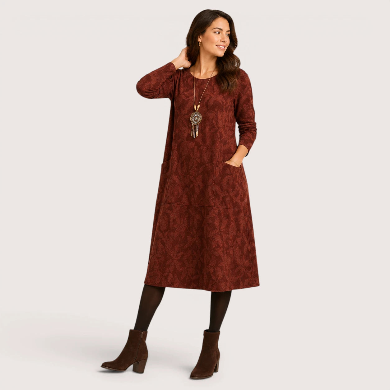 Megan | Women’s Long Sleeve Midi Dress with Front Pockets