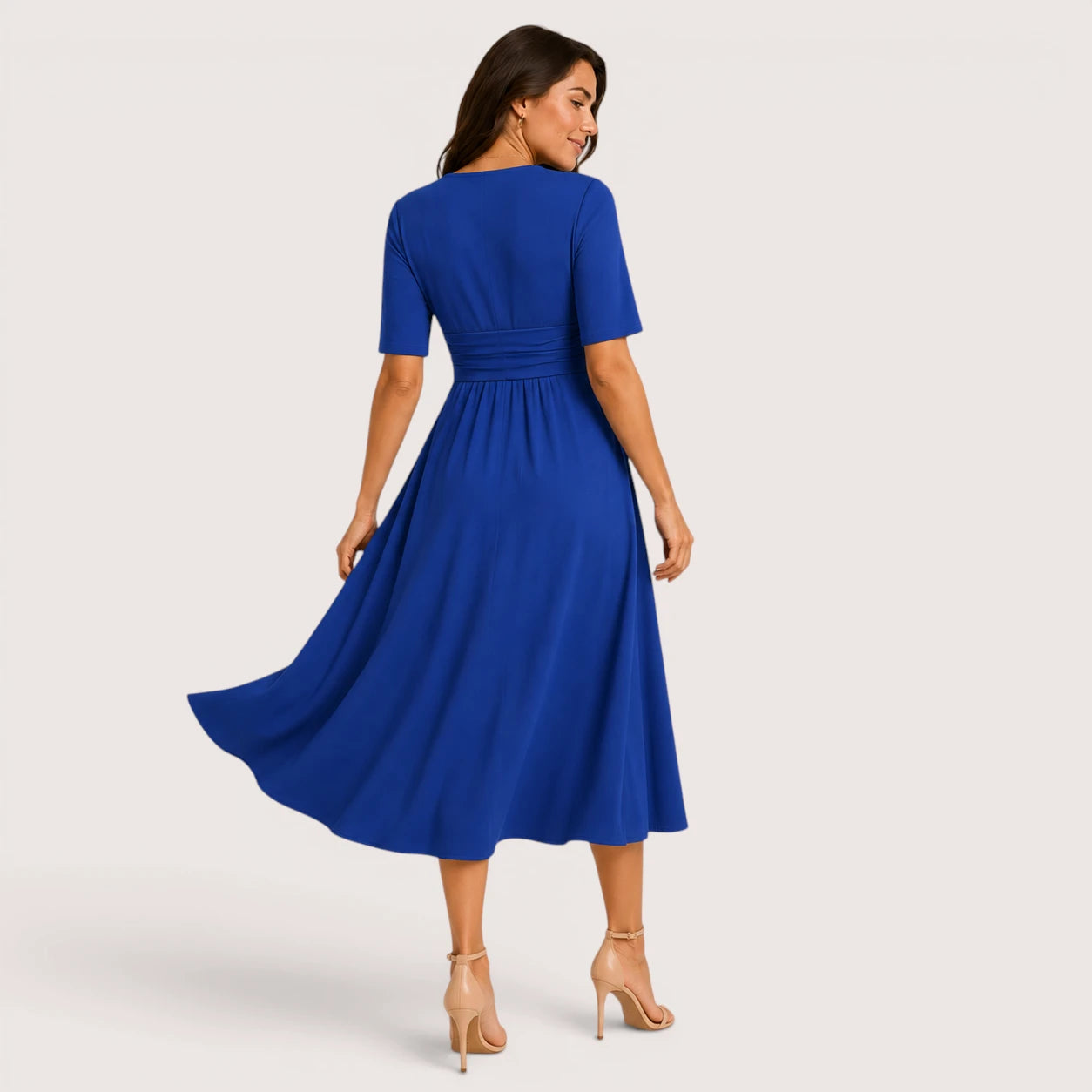 Madeline | Women’s V-Neck Midi Dress with Short Sleeves