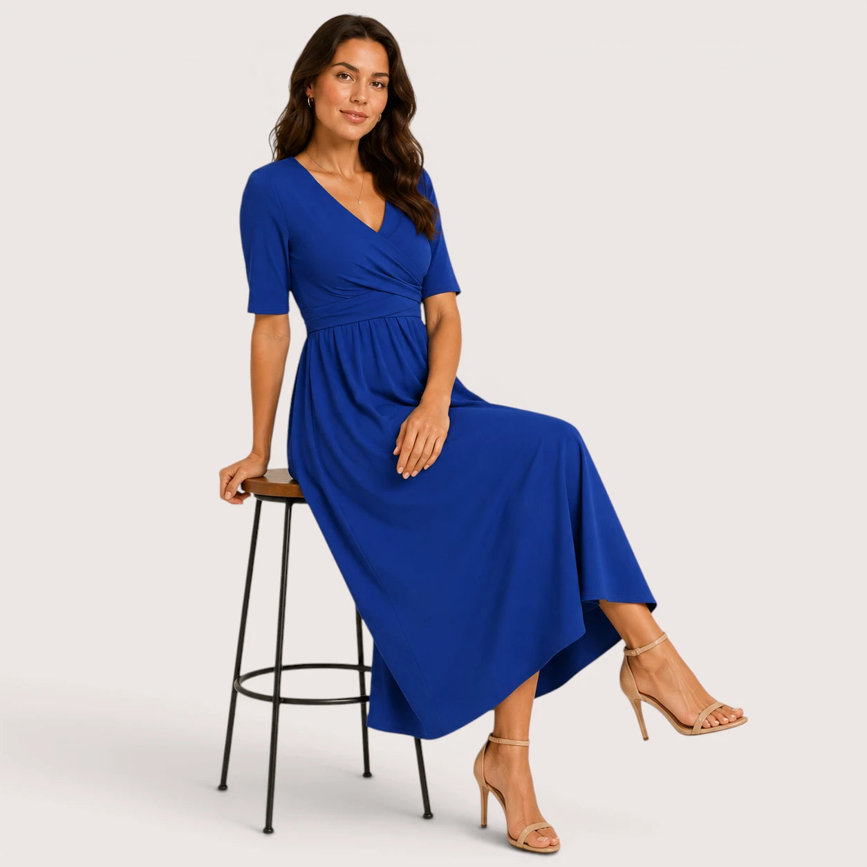 Madeline | Women’s V-Neck Midi Dress with Short Sleeves