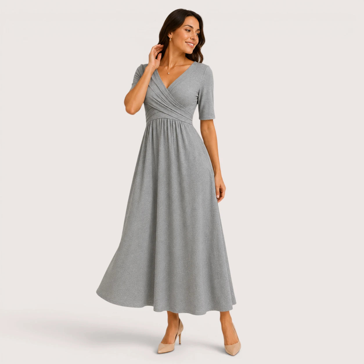 Madeline | Women’s V-Neck Midi Dress with Short Sleeves