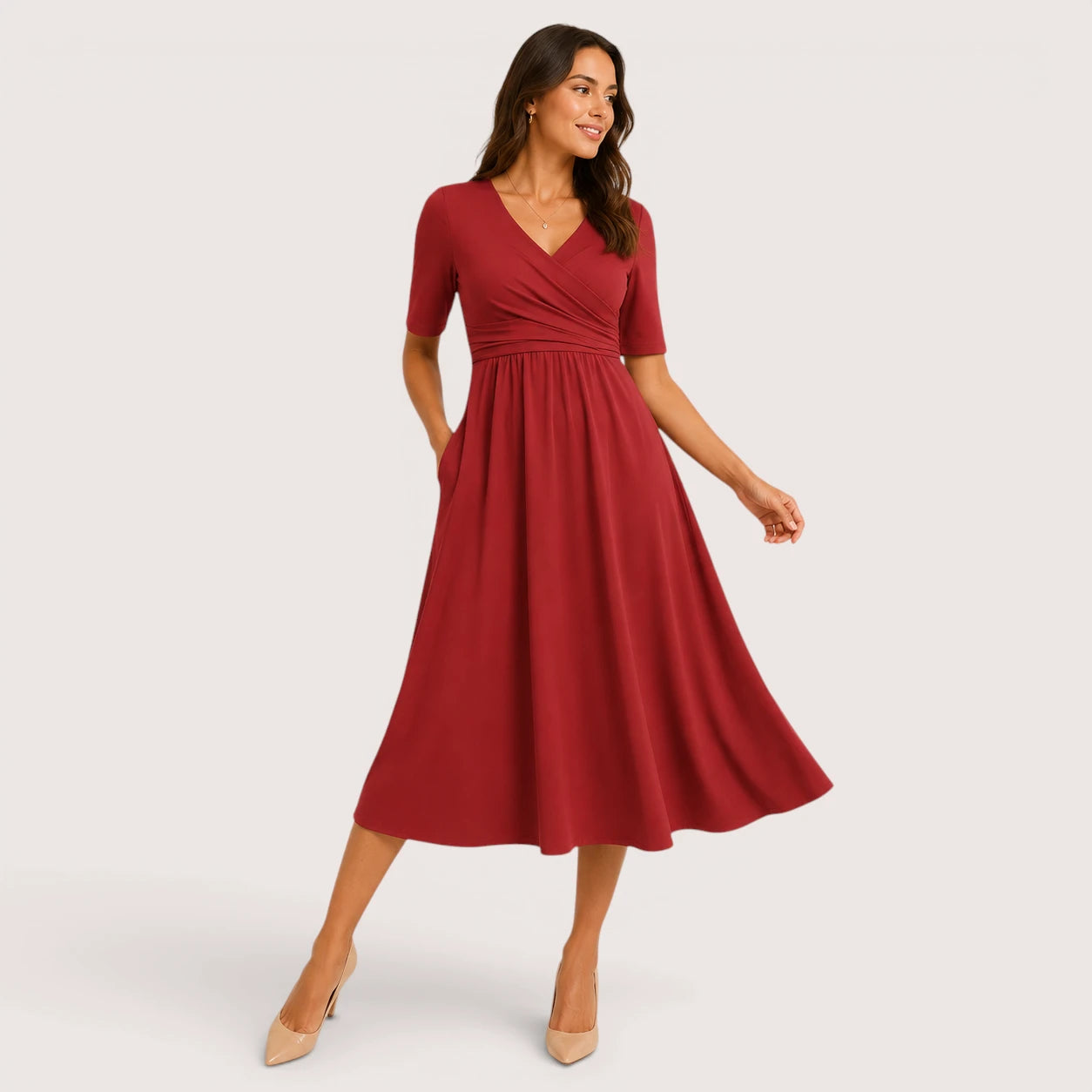 Madeline | Women’s V-Neck Midi Dress with Short Sleeves