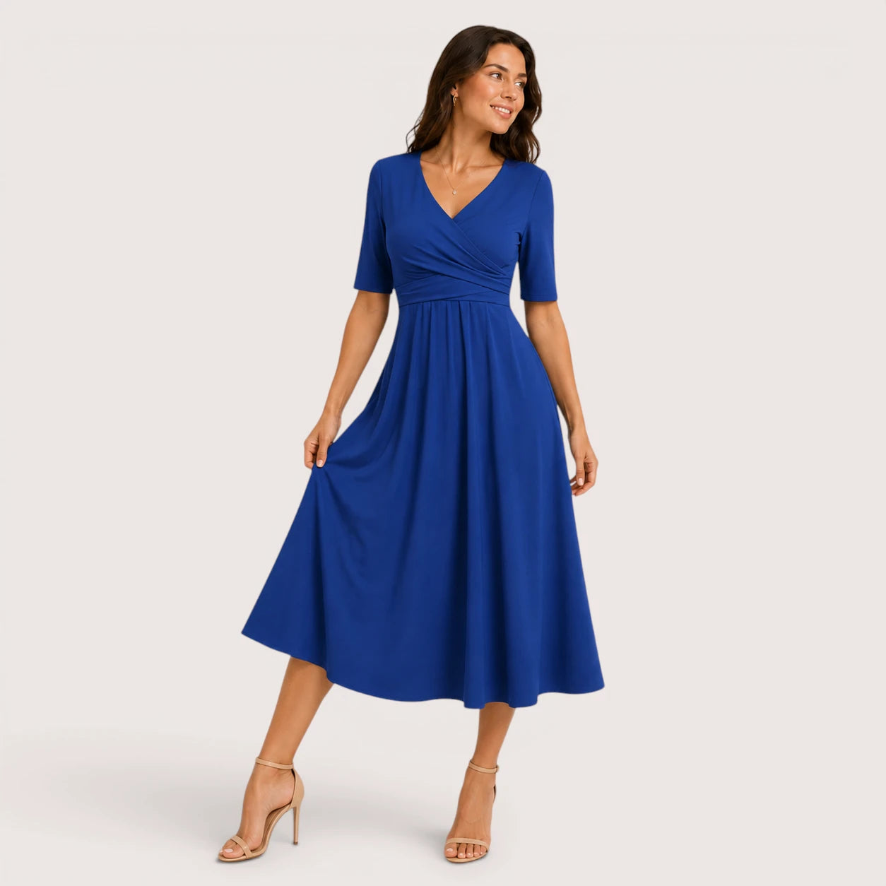 Madeline | Women’s V-Neck Midi Dress with Short Sleeves