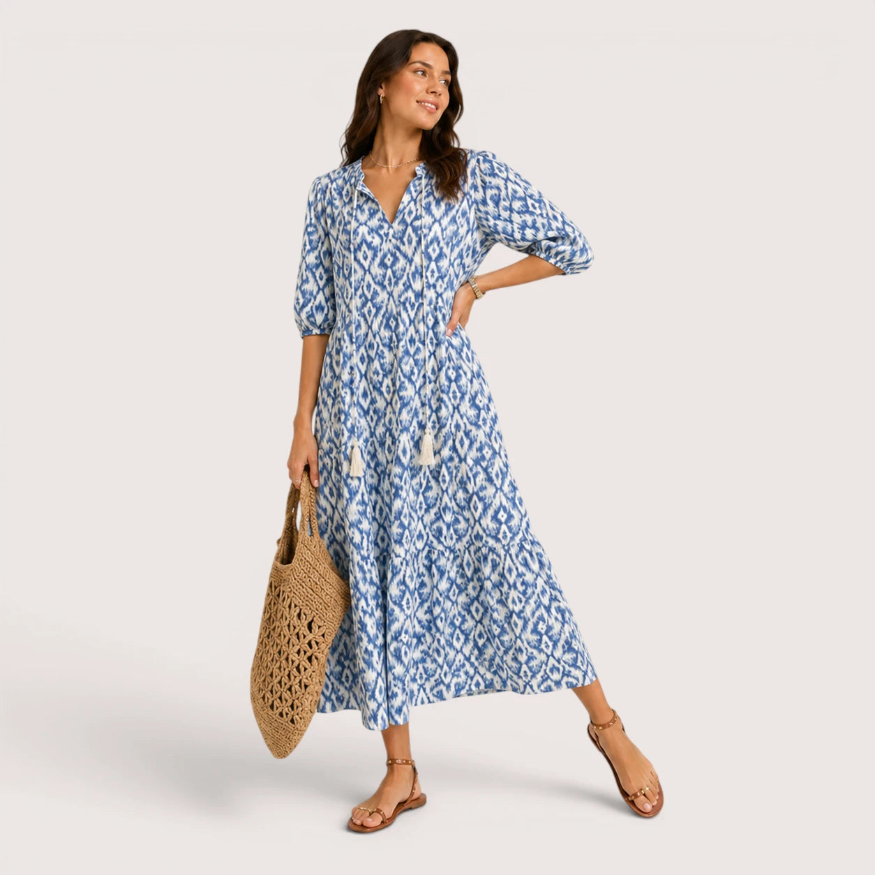 Elena | Women’s Long Printed Dress with V-Neck