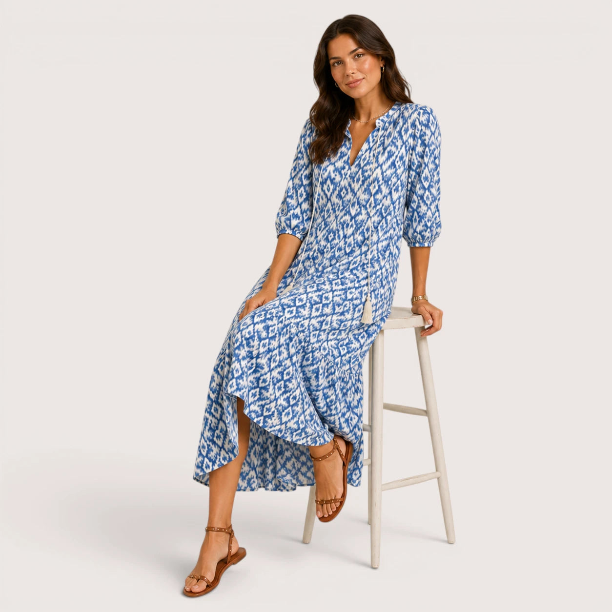 Elena | Women’s Long Printed Dress with V-Neck