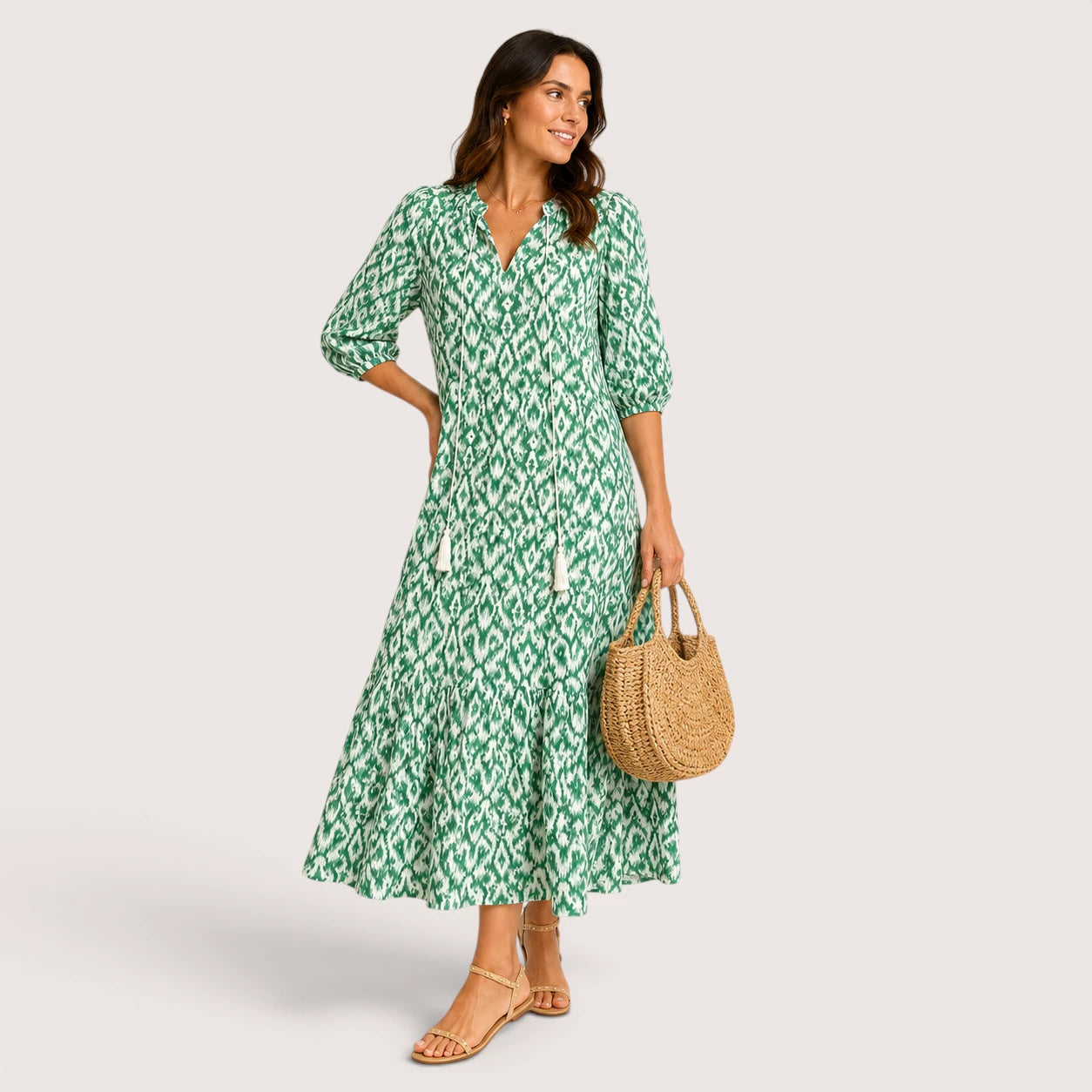 Elena | Women’s Long Printed Dress with V-Neck