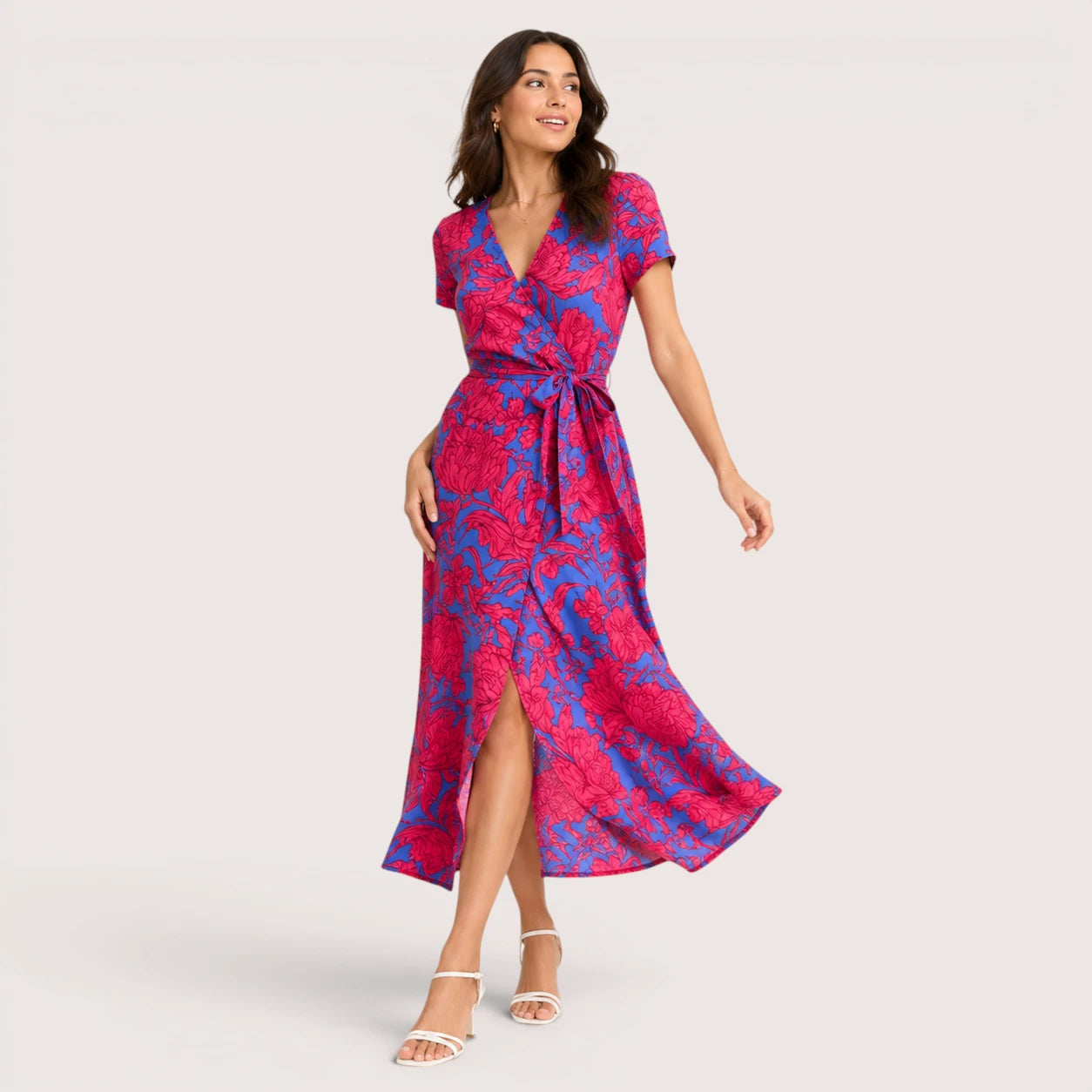 Paula | Women’s Floral Midi Wrap Dress with V-Neck