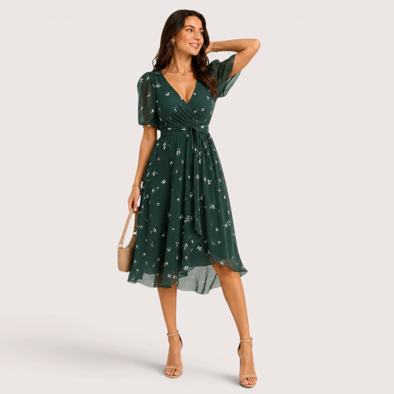 Melanie | Women’s Midi Dress with V-Neck and Short Sleeves