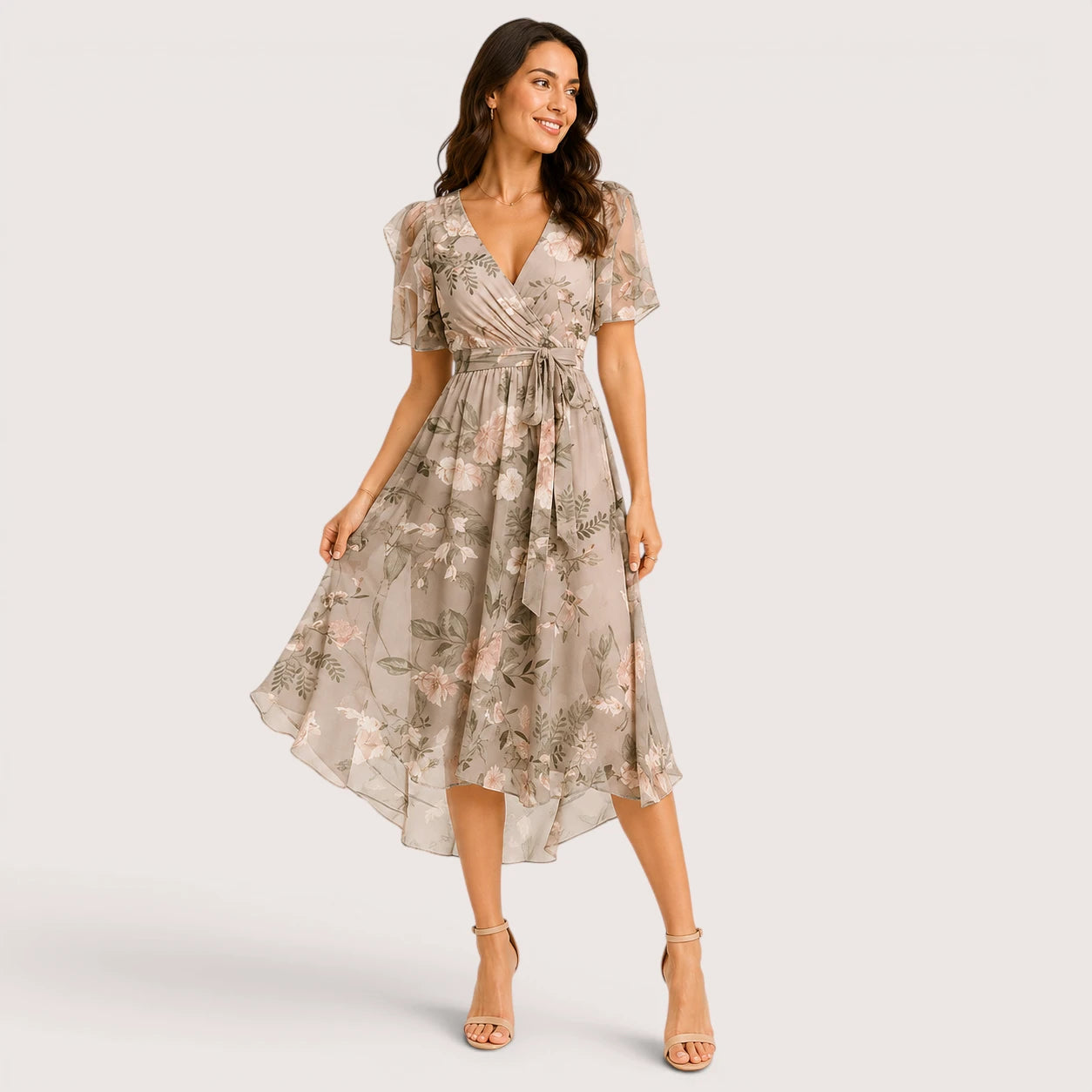 Melanie | Women’s Midi Dress with V-Neck and Short Sleeves
