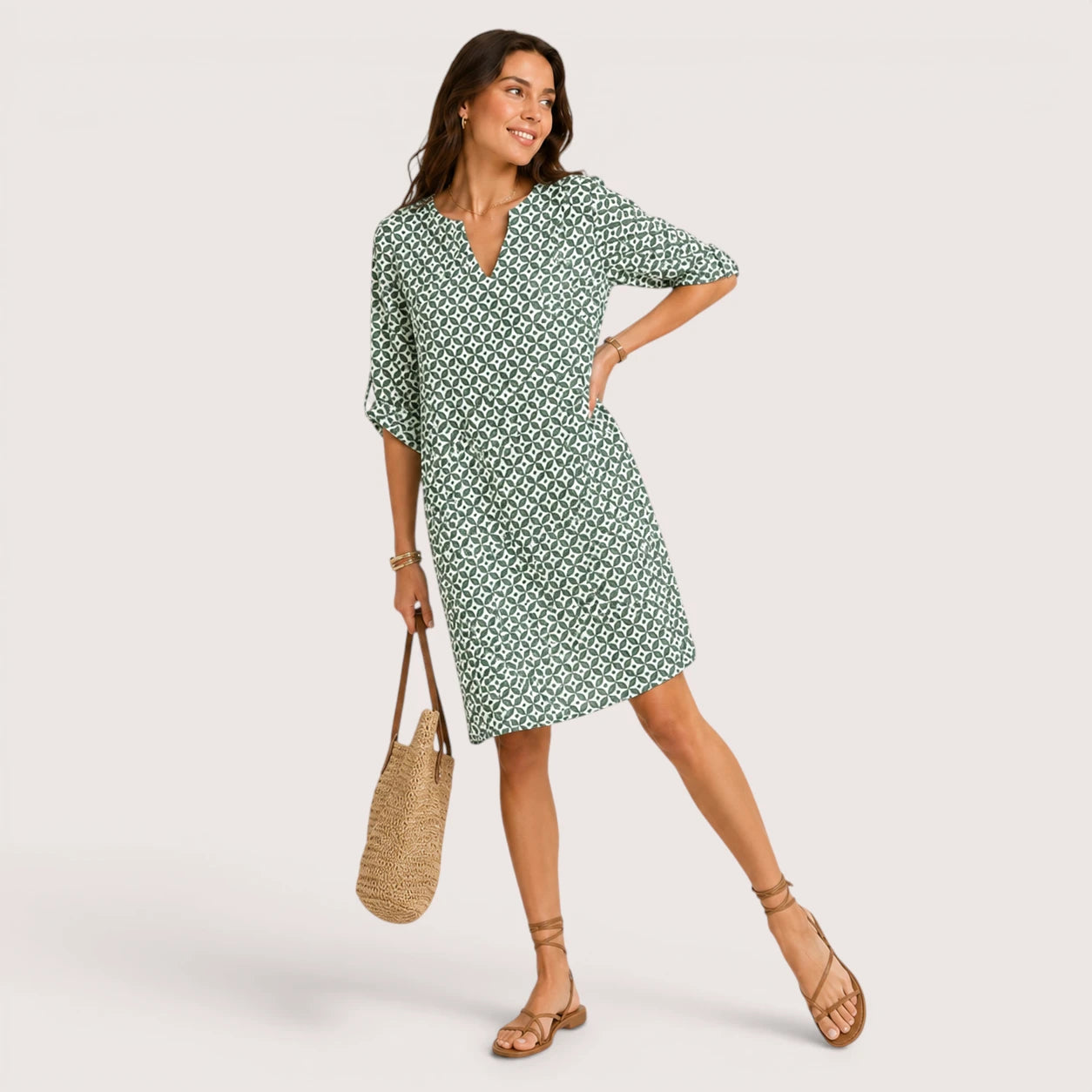 Audrey | Women's Split Neckline Mini Dress with Three-Quarter Sleeves