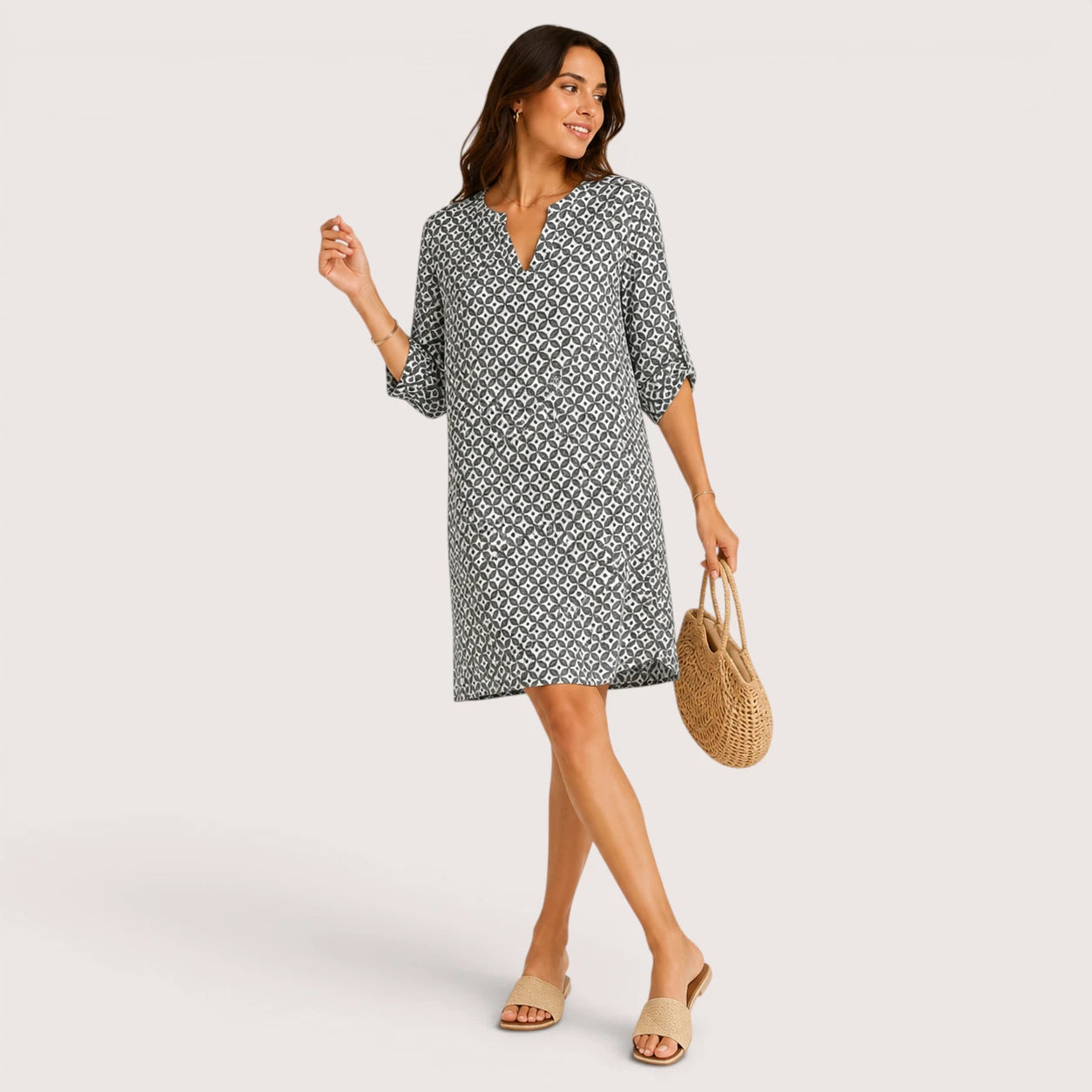 Audrey | Women's Split Neckline Mini Dress with Three-Quarter Sleeves