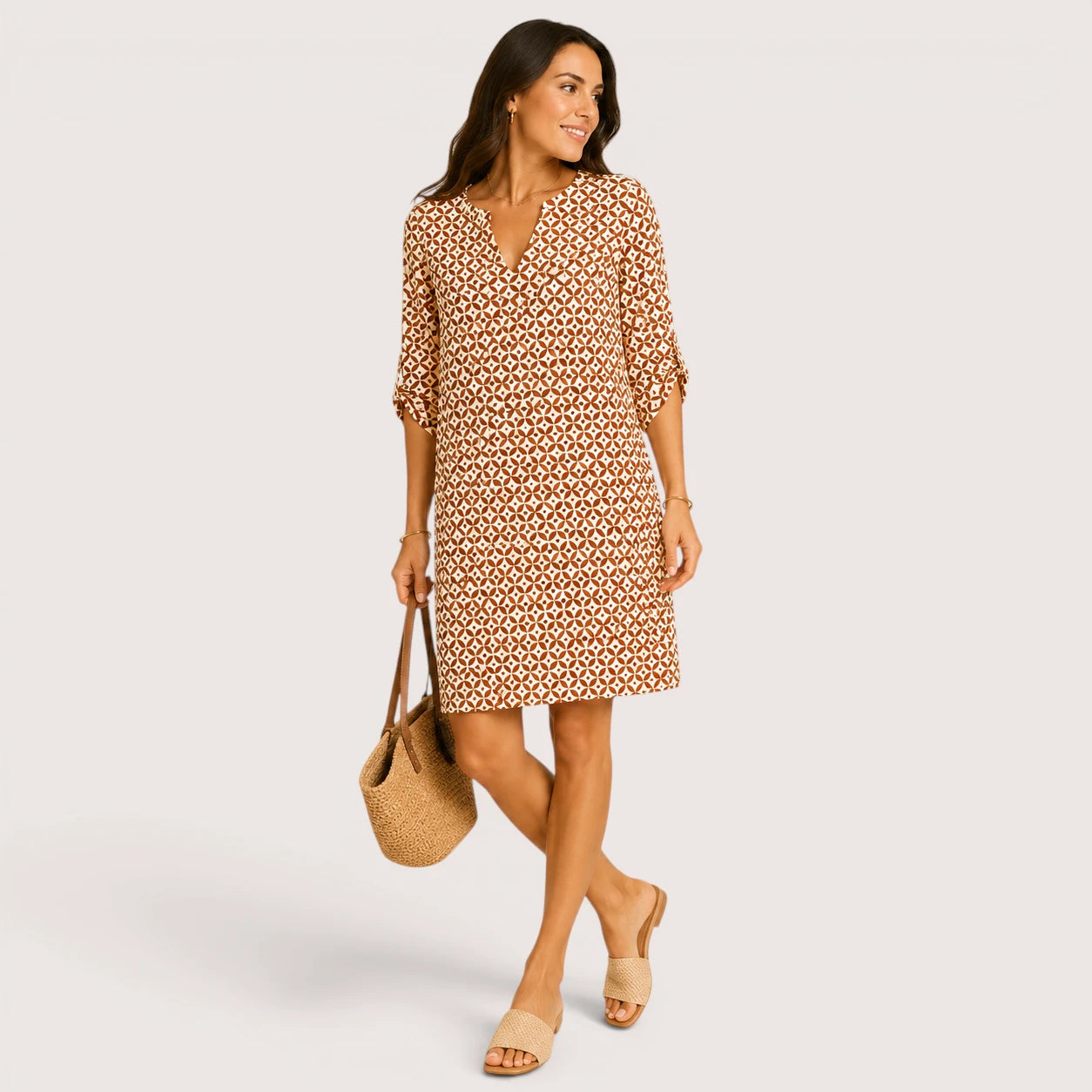 Audrey | Women's Split Neckline Mini Dress with Three-Quarter Sleeves