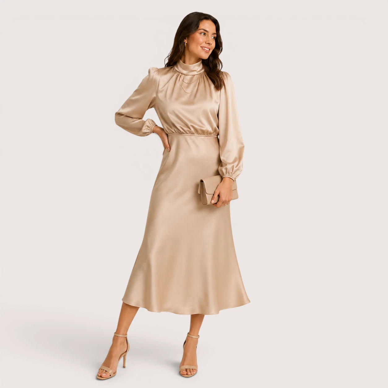 Theresa | Women’s High Waist Midi Dress with Long Sleeves