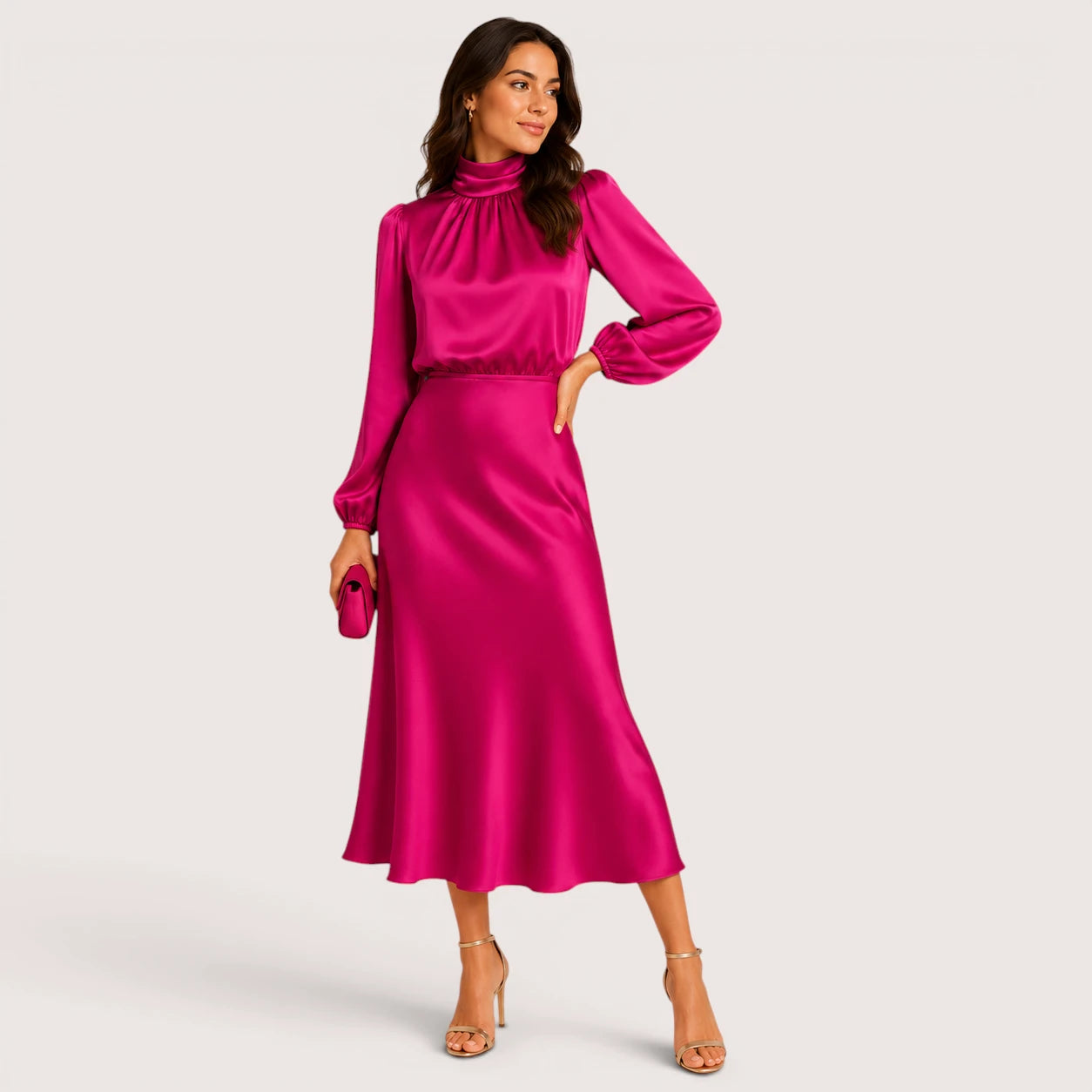 Theresa | Women’s High Waist Midi Dress with Long Sleeves
