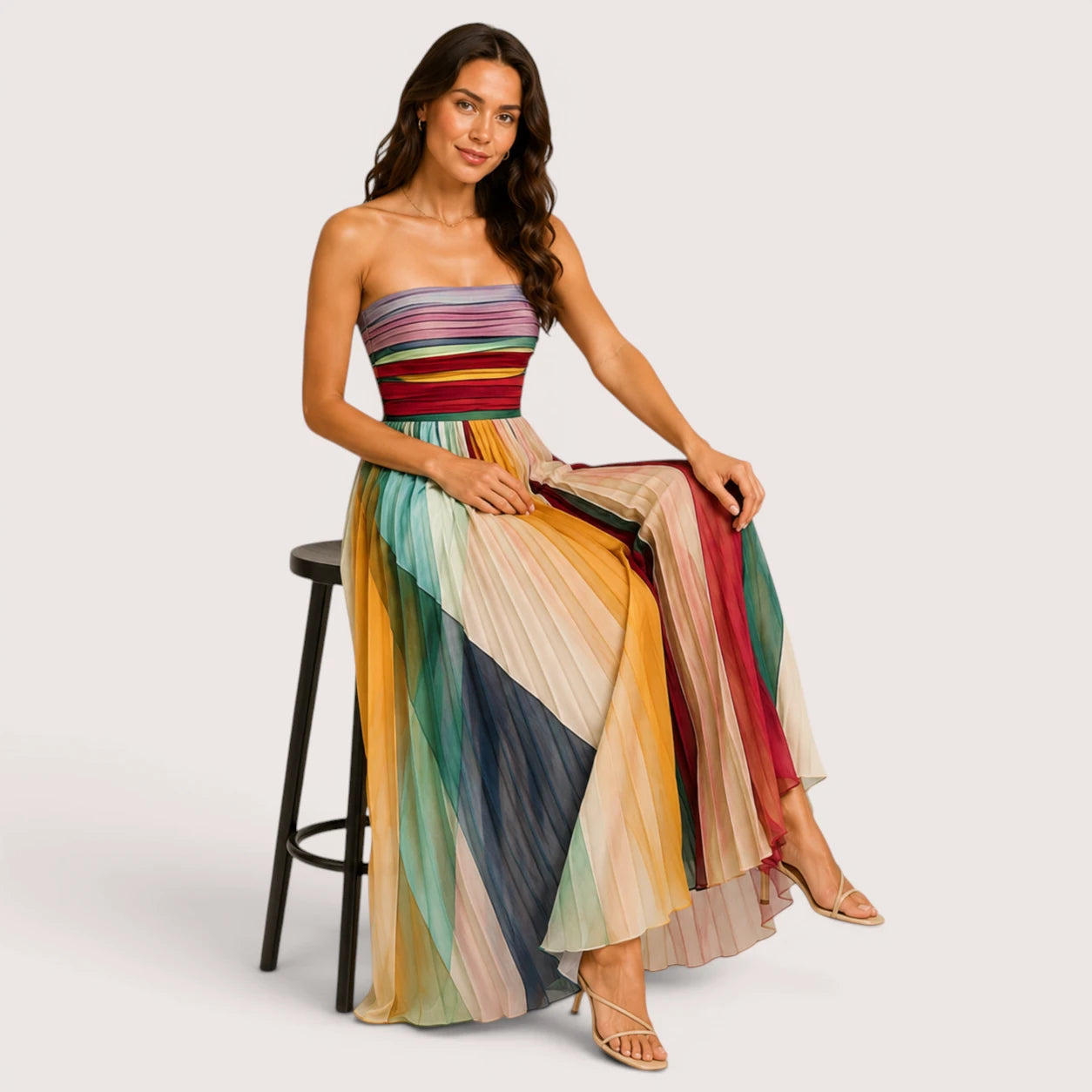 Aurora | Women’s Strapless Maxi Dress with Pleated Multi-Stripe