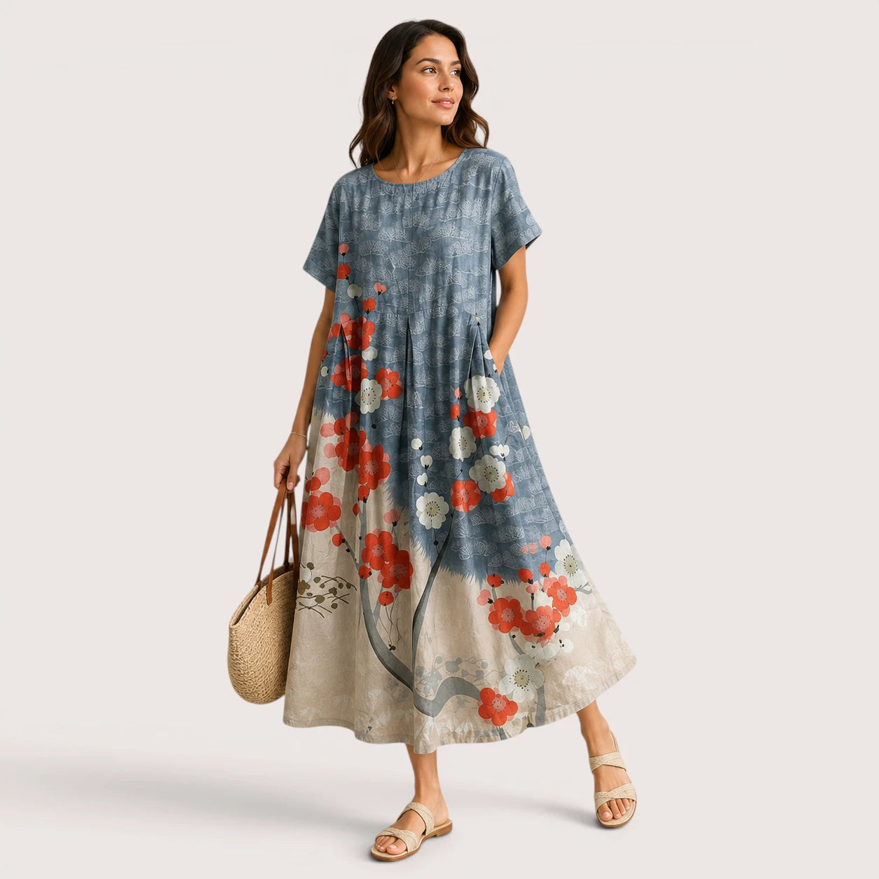 Eliza | Women’s Floral Midi Dress with Round Neck