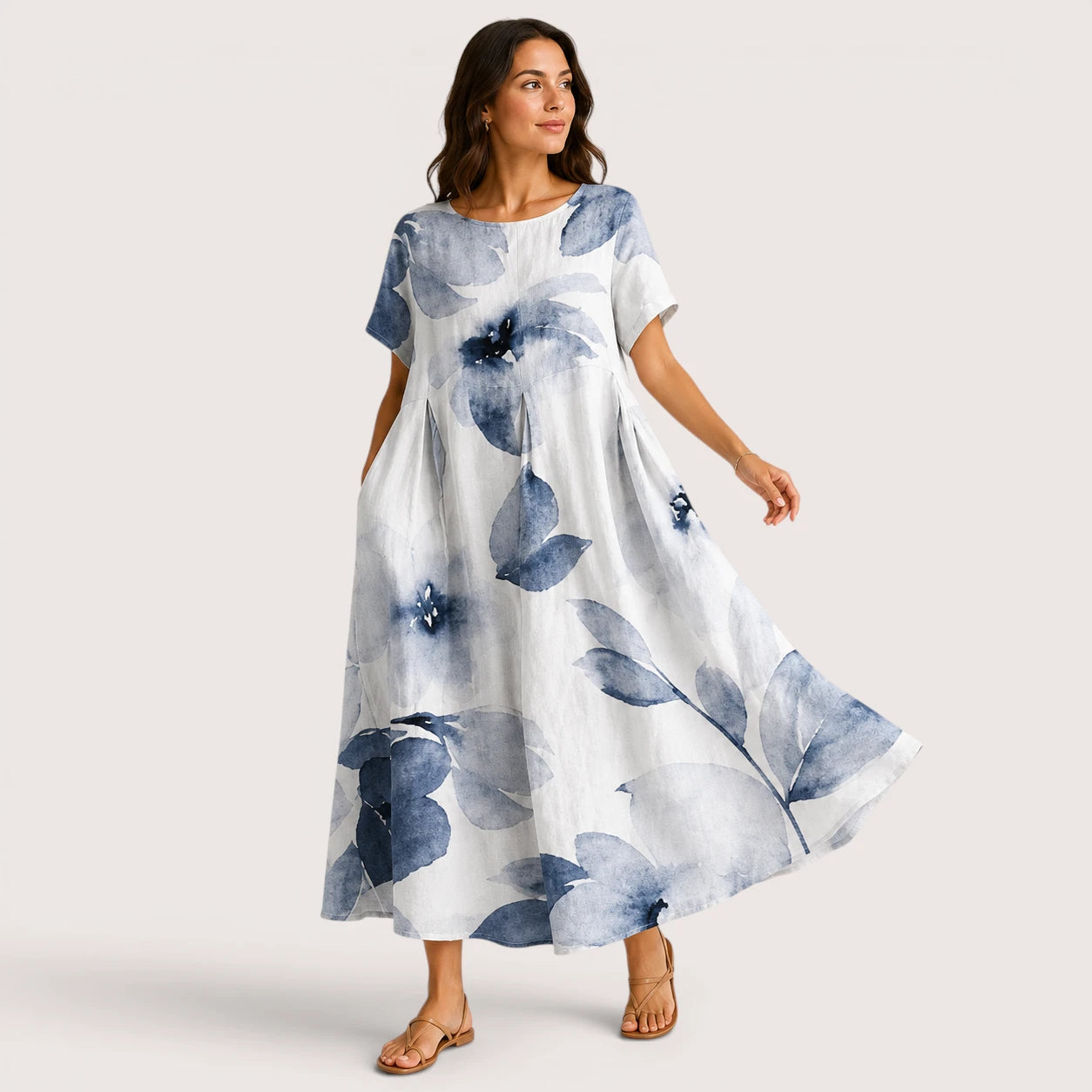Eliza | Women’s Floral Midi Dress with Round Neck