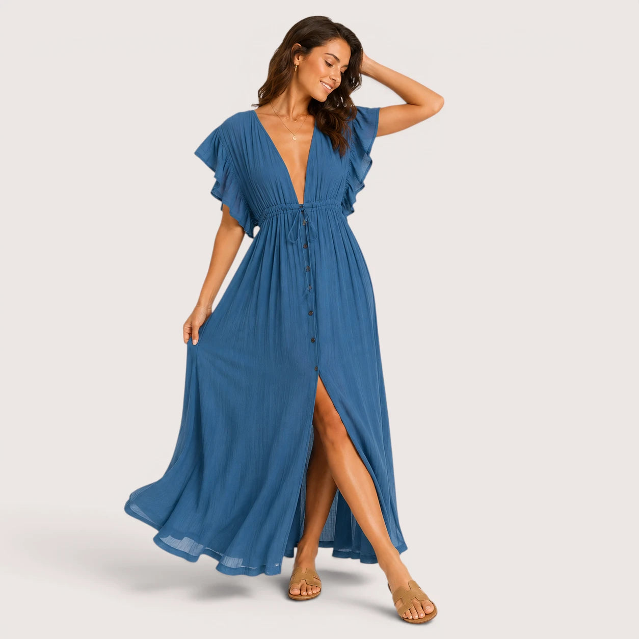 Blair | Women’s Long V-Neck Dress with Short Sleeves