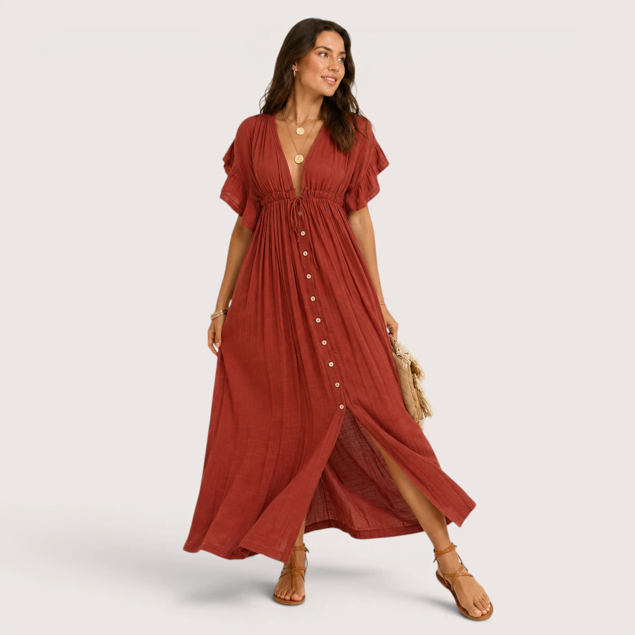 Blair | Women’s Long V-Neck Dress with Short Sleeves