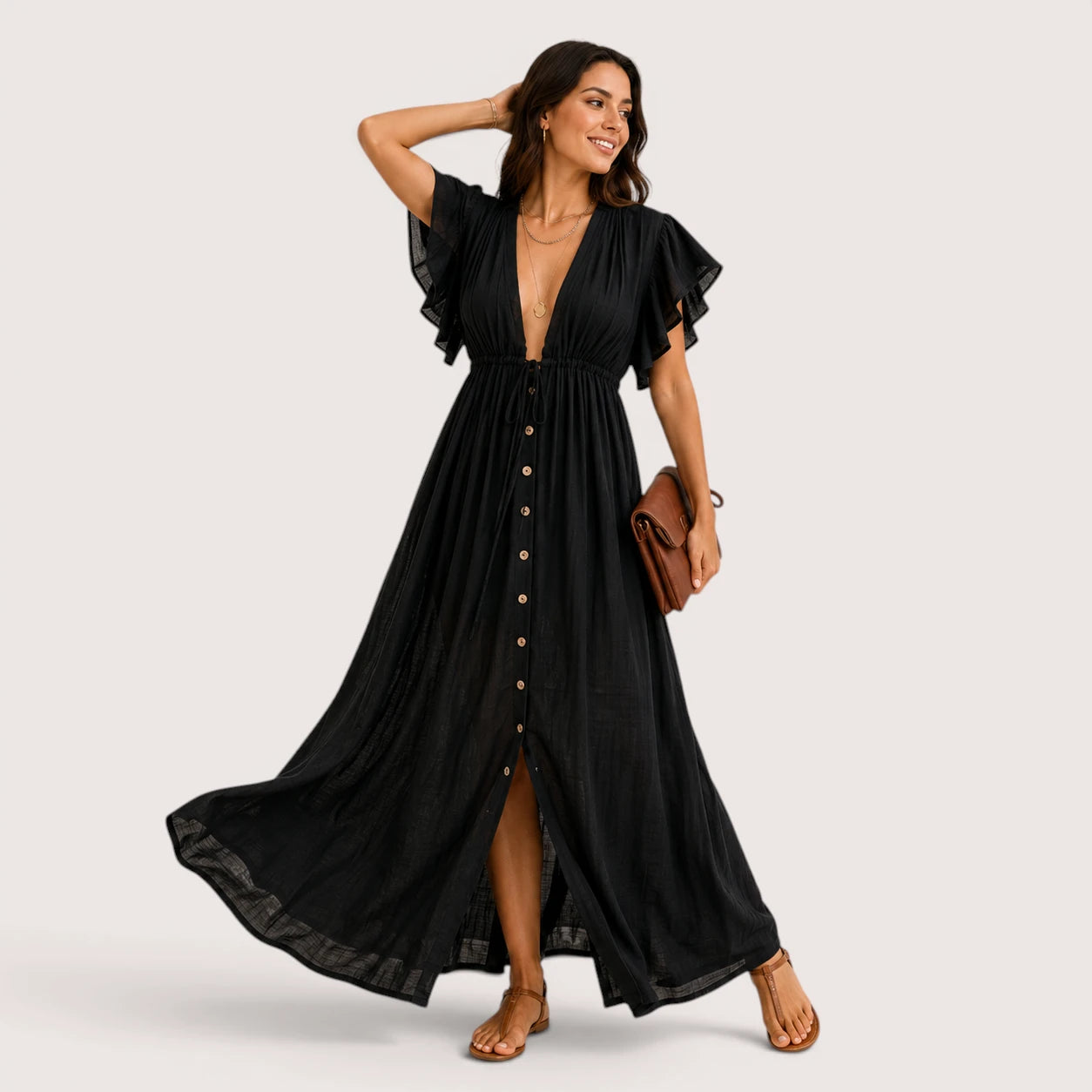 Blair | Women’s Long V-Neck Dress with Short Sleeves