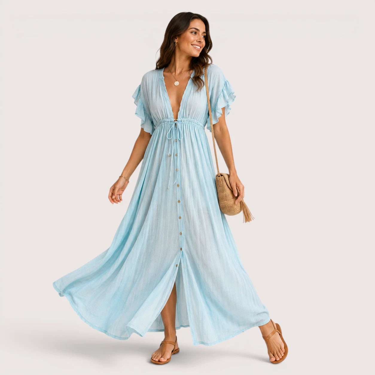 Blair | Women’s Long V-Neck Dress with Short Sleeves