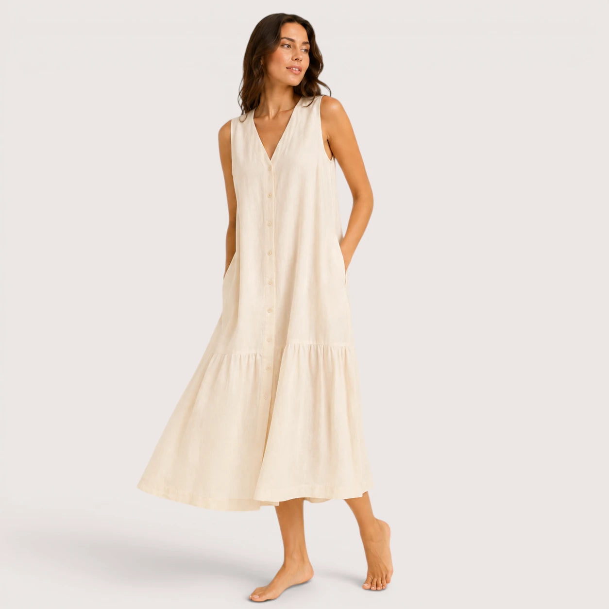 Aria | Women’s Sleeveless V-Neck Midi Dress with Button Front
