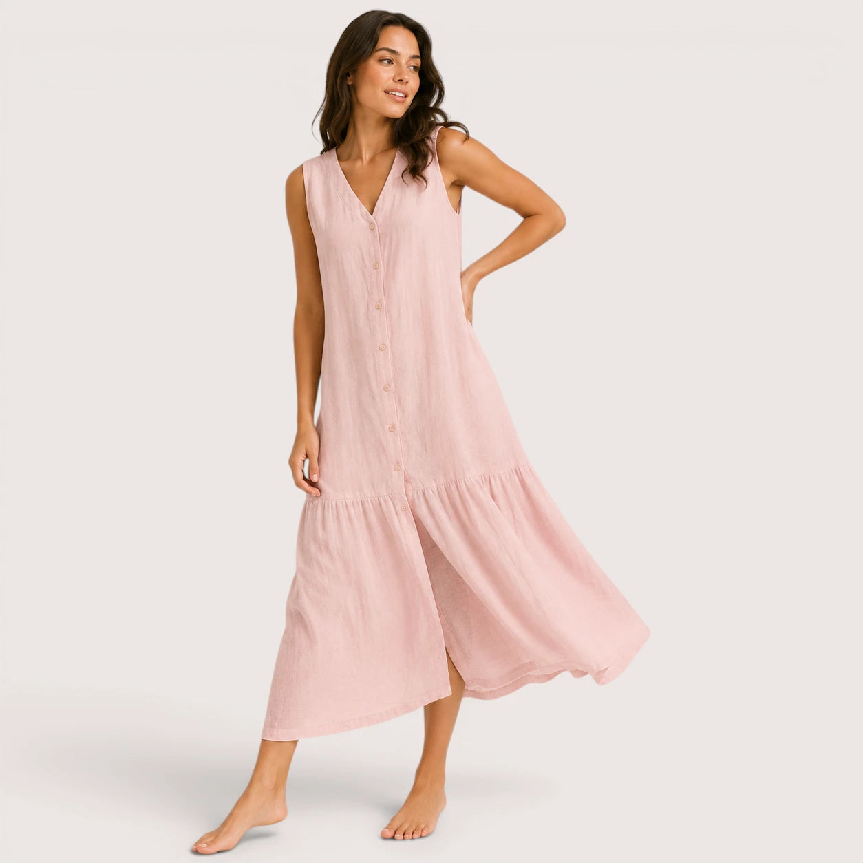 Aria | Women’s Sleeveless V-Neck Midi Dress with Button Front
