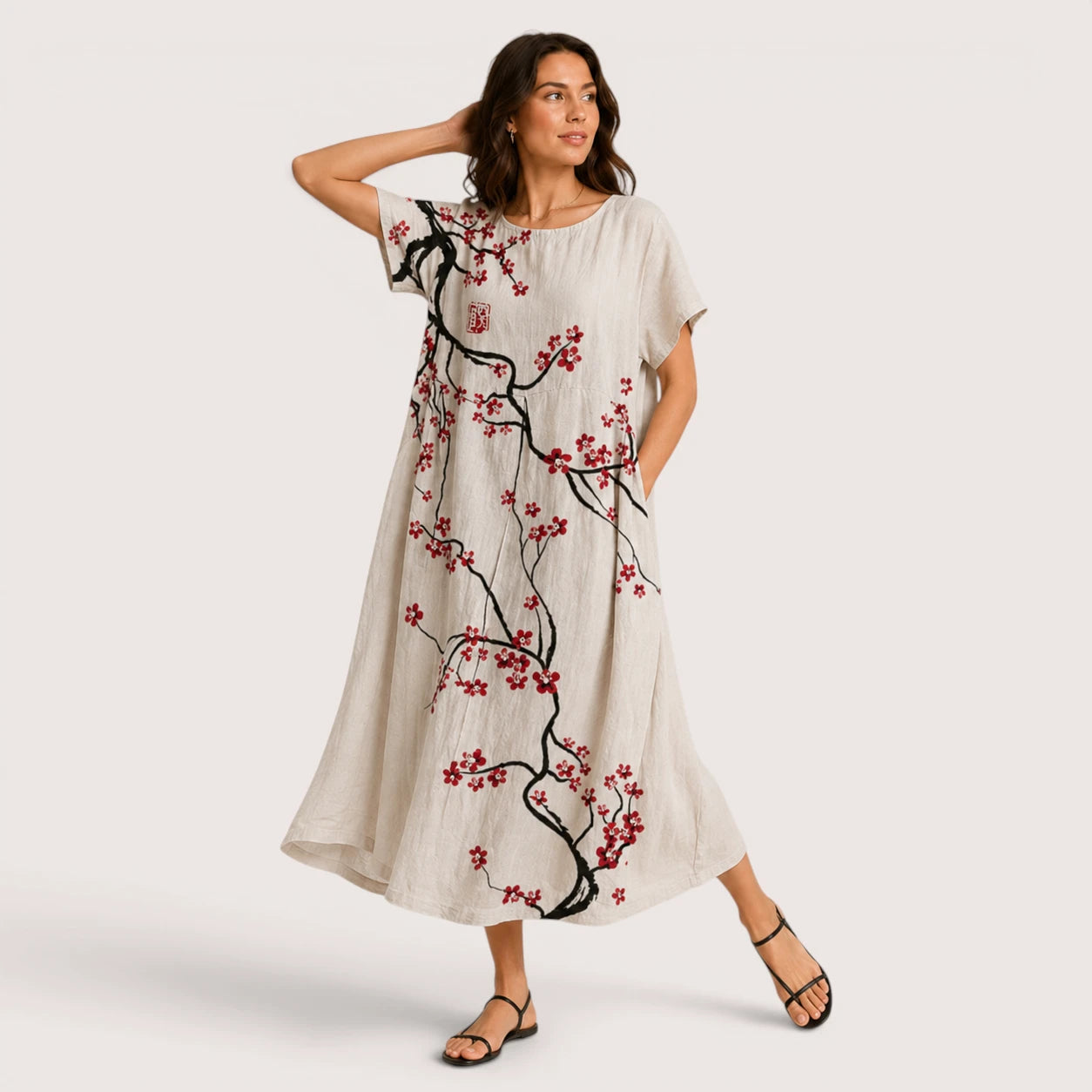 Eliza | Women’s Floral Midi Dress with Round Neck