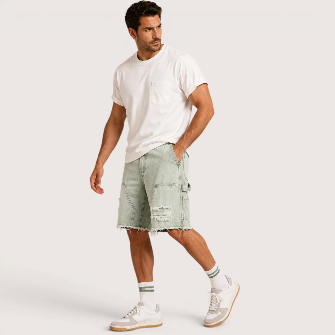 Men’s Knee Length Denim Shorts with Distressed Details