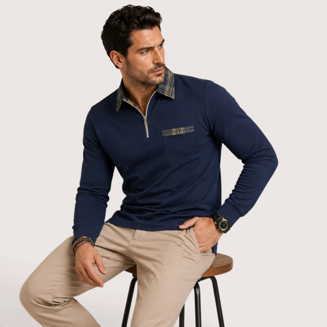 Calvin | Men’s Polo Shirt with Zip Collar and Check Detail