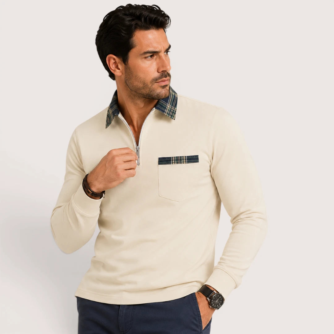 Calvin | Men’s Polo Shirt with Zip Collar and Check Detail
