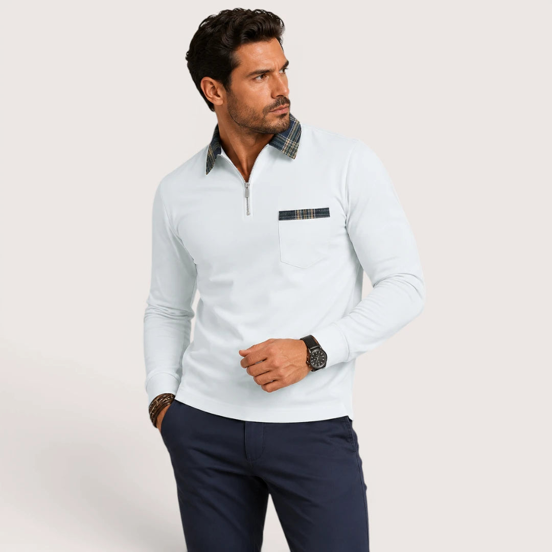 Calvin | Men’s Polo Shirt with Zip Collar and Check Detail