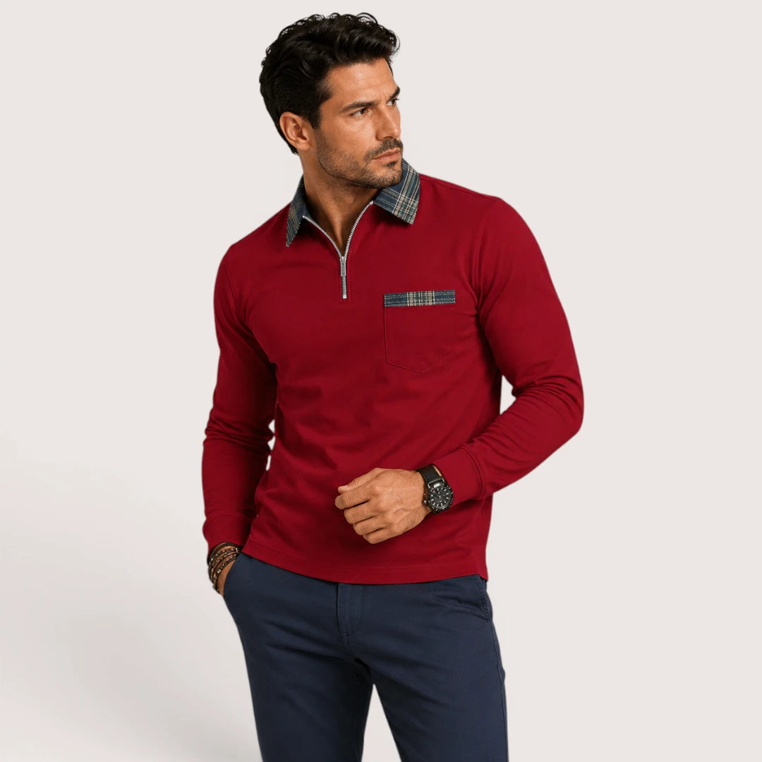 Calvin | Men’s Polo Shirt with Zip Collar and Check Detail